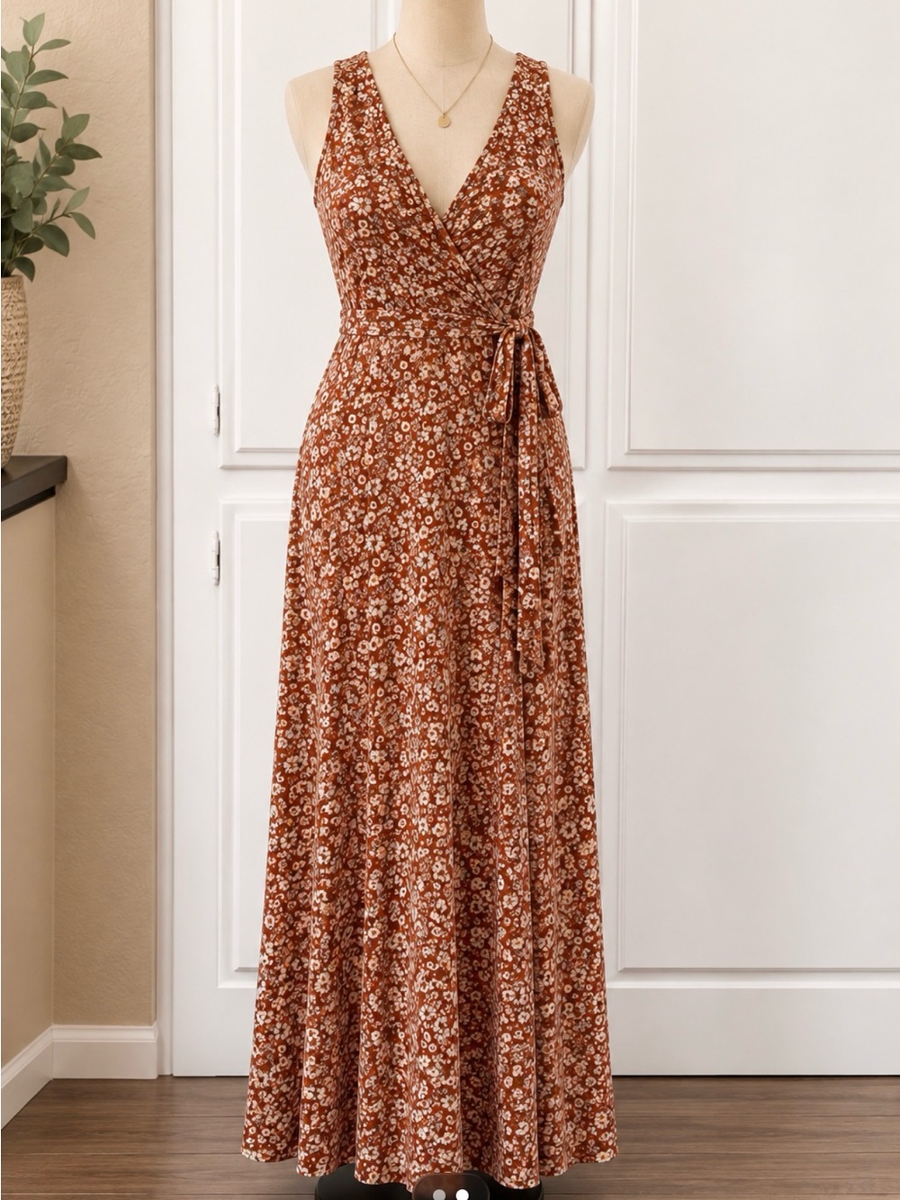 Venus Floral Wrap Maxi Dress in Rust